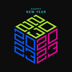 Happy New Year banner. 2023 isometric icon. Abstract vector background