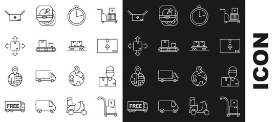 Set line Hand truck and boxes, Delivery man with cardboard, Cardboard traffic symbol, Stopwatch, Conveyor belt, and Railway carriage icon. Vector