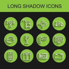 Set line Mobile phone with app delivery tracking, Gift box, Delivery drone the package, Postcard, Envelope, Fragile broken glass symbol, Computer monitor and Telephone speech bubble chat icon. Vector