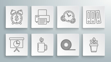 Set line Presentation financial board with graph, Printer, Cup of tea and leaf, Scotch, Flowers pot, Time Management, Office folders papers documents and Alarm clock dollar symbol icon. Vector