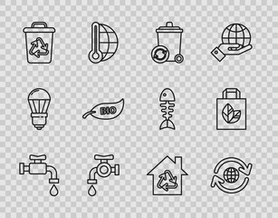 Set line Water tap, Planet earth and recycling, Recycle bin with recycle symbol, Leaf Bio, Eco House and Paper shopping bag icon. Vector