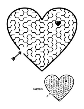 Valentine's Day, wedding, romantic, etc., heart shaped maze or labyrinth game. Suitable both for kids and adults. Answer included.

