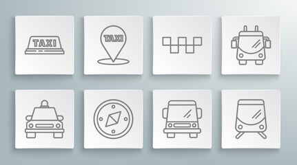 Set line Taxi car, Map pointer with taxi, Compass, Car, Tram and railway, roof, Trolleybus and icon. Vector