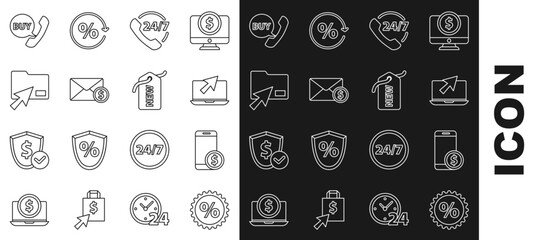 Set line Discount percent tag, Smartphone with dollar, Laptop and cursor, Telephone 24 hours support, Envelope coin, Cursor click document folder, Phone speech bubble Buy and Price New icon. Vector