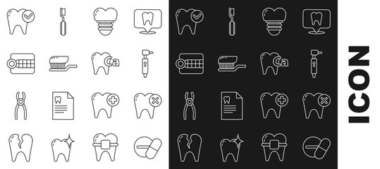 Set line Medicine pill or tablet, Tooth with caries, drill, Dental implant, Toothbrush toothpaste, Dentures model, whitening concept and Calcium for icon. Vector