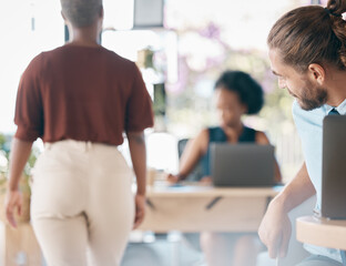 Black woman, businessman and sexual harassment with predator behavior in office. Womens rights,...