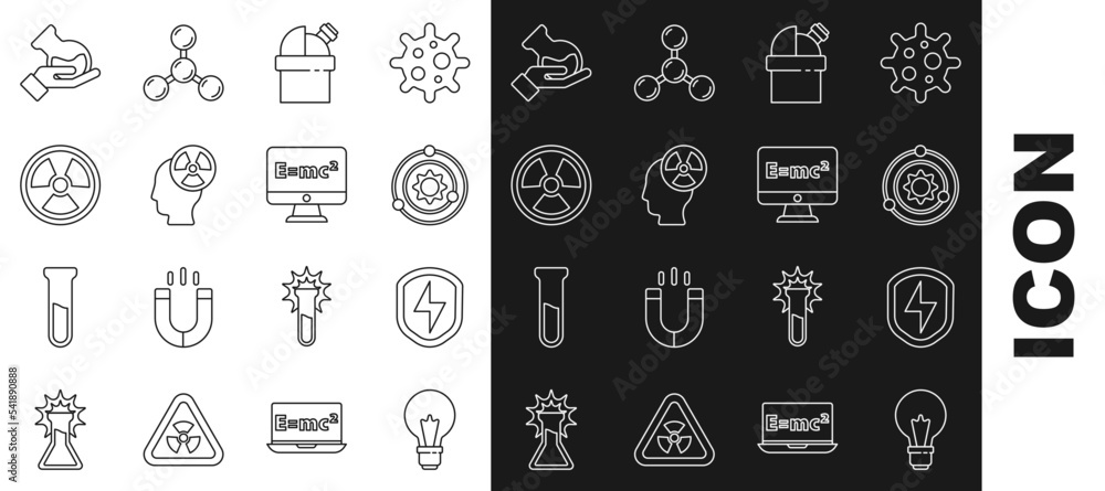 Poster set line light bulb with concept of idea, secure shield lightning, solar system, astronomical observ