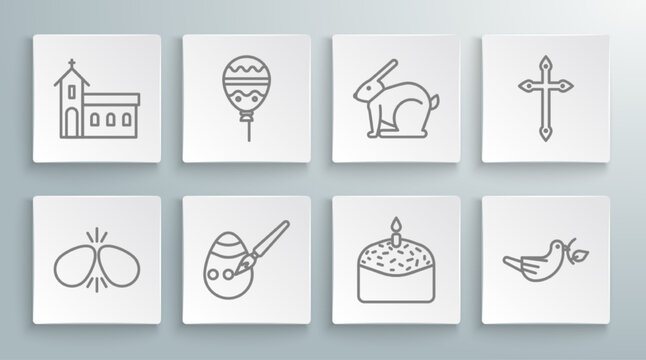 Set line Easter eggs, Balloons with ribbon, and paint brush, cake candle, Peace dove olive branch, rabbit, Christian cross and Church building icon. Vector