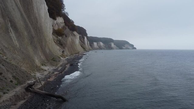 vertical pan drone shot of the Jasmund national park cliffs with its UNESCO world heritage beech forests in misty October weather