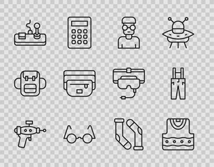 Set line Ray gun, Waistcoat, Nerd geek, Eyeglasses, Gamepad, bag of banana, Socks and Pants with suspenders icon. Vector