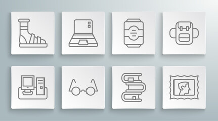 Set line Monitor with keyboard, Laptop, Eyeglasses, Book, Postal stamp, Energy drink, School backpack and Slippers socks icon. Vector