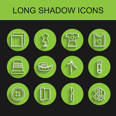 Set line Sewing button for clothes, Textile fabric roll, Cutter tool, Electric iron, Tape measure, Classic closed steel safety pin and Needle sewing with thread icon. Vector