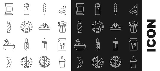 Set line Paper glass with straw, Online ordering and delivery, Chicken leg package box, Lollipop, Donut, Candy, Bag packet potato chips and Asian noodles bowl icon. Vector