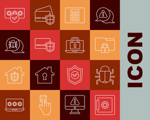 Set line Safe, System bug, Folder and lock, Password protection, Credit card with shield, and Laptop icon. Vector