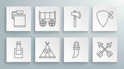 Set line Tequila bottle, Wild west covered wagon, Indian teepee or wigwam, Tooth, Crossed arrows, Tomahawk axe, Cowboy bandana and Canteen water icon. Vector © Oksana