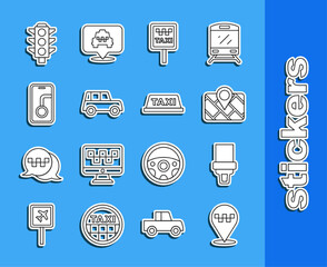Set line Location with taxi, Safety belt, Gps device map, Road sign for stand, Car, City navigation, Traffic light and Taxi car roof icon. Vector