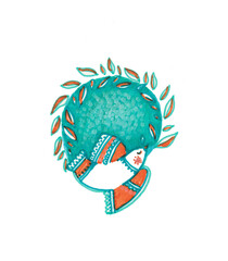 Hand drawn illustration of a white  bird  in a circle flowers.  Beautiful card celebration, sweet graphic resource. 