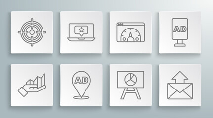 Set line Pie chart infographic, Laptop with star, Advertising, Board, Mail and e-mail, Website statistic, and Target icon. Vector