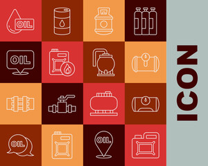Set line Canister for motor oil, Gas tank vehicle, Propane gas, Word, Oil drop and storage icon. Vector