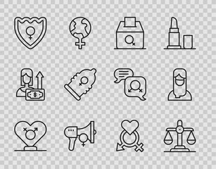 Set line Gender, equality, Female vote right, Feminist activist, shield,, Condom, and Muslim woman hijab icon. Vector