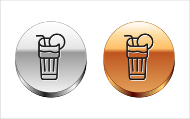 Black line Fresh smoothie icon isolated on white background. Silver-gold circle button. Vector