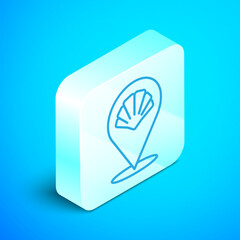 Isometric line Scallop sea shell icon isolated on blue background. Seashell sign. Silver square button. Vector