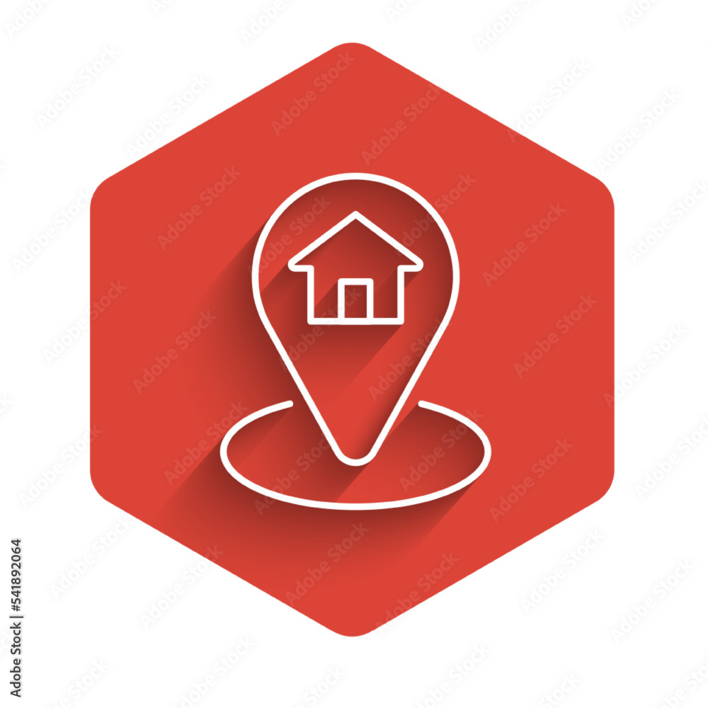Poster white line map pointer with house icon isolated with long shadow background. home location marker sy