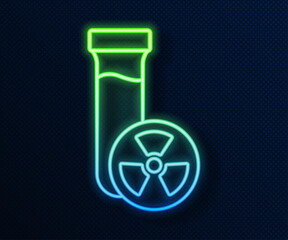 Glowing neon line Laboratory chemical beaker with toxic liquid icon isolated on blue background. Biohazard symbol. Dangerous symbol with radiation icon. Vector