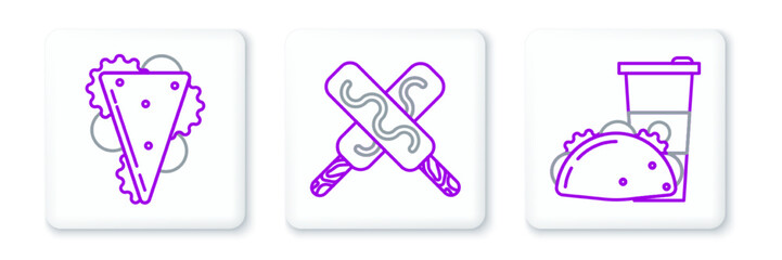 Set line Paper glass and taco with tortilla, Sandwich and Ice cream icon. Vector