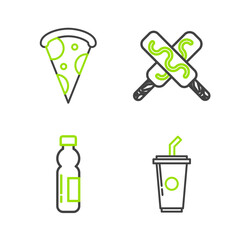 Set line Paper glass with drinking straw and water, Bottle of, Ice cream and Slice pizza icon. Vector