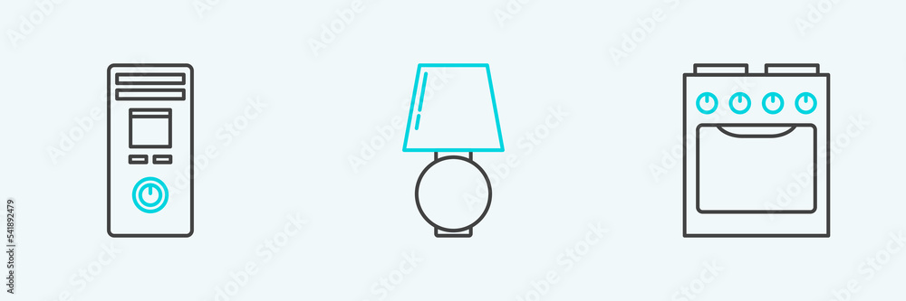Poster set line oven, remote control and table lamp icon. vector
