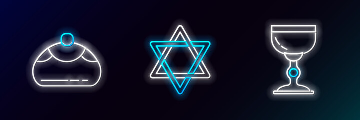 Set line Jewish goblet, sweet bakery and Star of David icon. Glowing neon. Vector