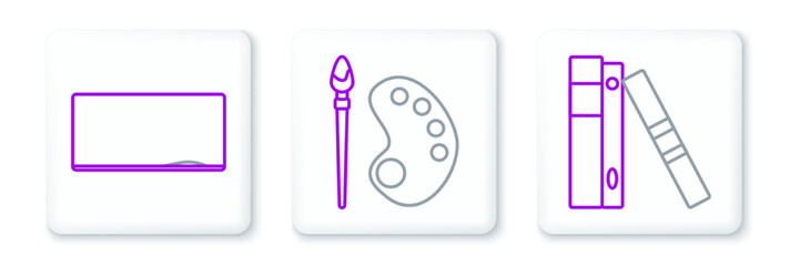 Set line Office folders with papers and documents, Chalkboard and Paint brush palette icon. Vector