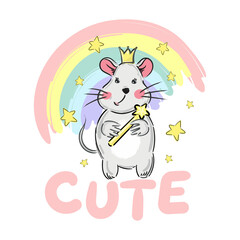 Print cute cartoon baby mouse pet with crown and stars on rainbow and text Cute. Kid rat vector print for kids or babies t shirt design. Fashion print graphic. Cartoon animal illustration