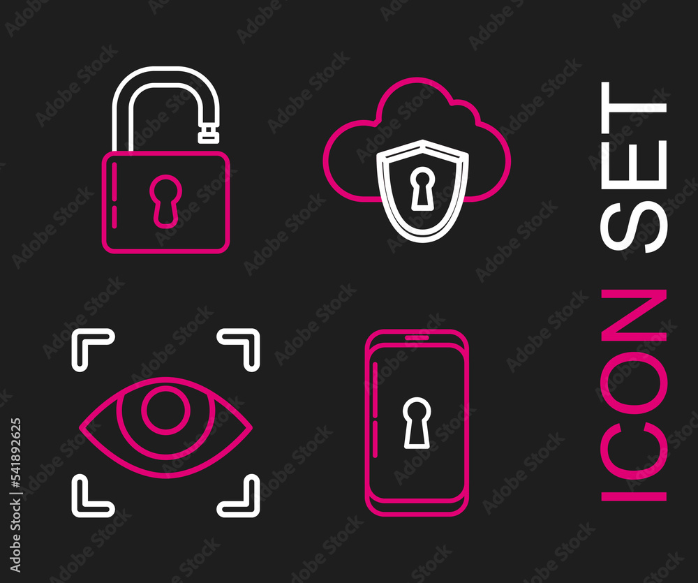 Poster set line smartphone with lock, eye scan, cloud and shield and open padlock icon. vector