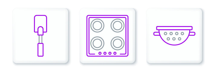 Set line Kitchen colander, Spatula and Gas stove icon. Vector