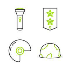 Set line Military helmet, Chevron and Flashlight icon. Vector