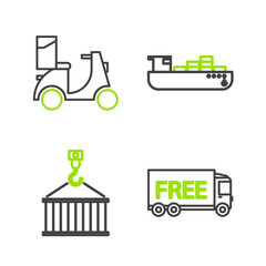Set line Free delivery service, Container on crane, Cargo ship with boxes and Scooter icon. Vector