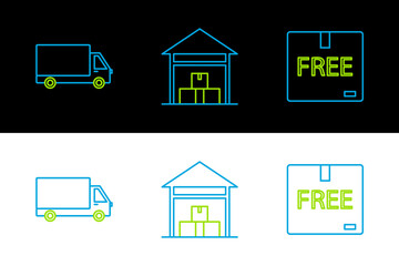 Set line Cardboard box with free symbol, Delivery cargo truck vehicle and Warehouse icon. Vector