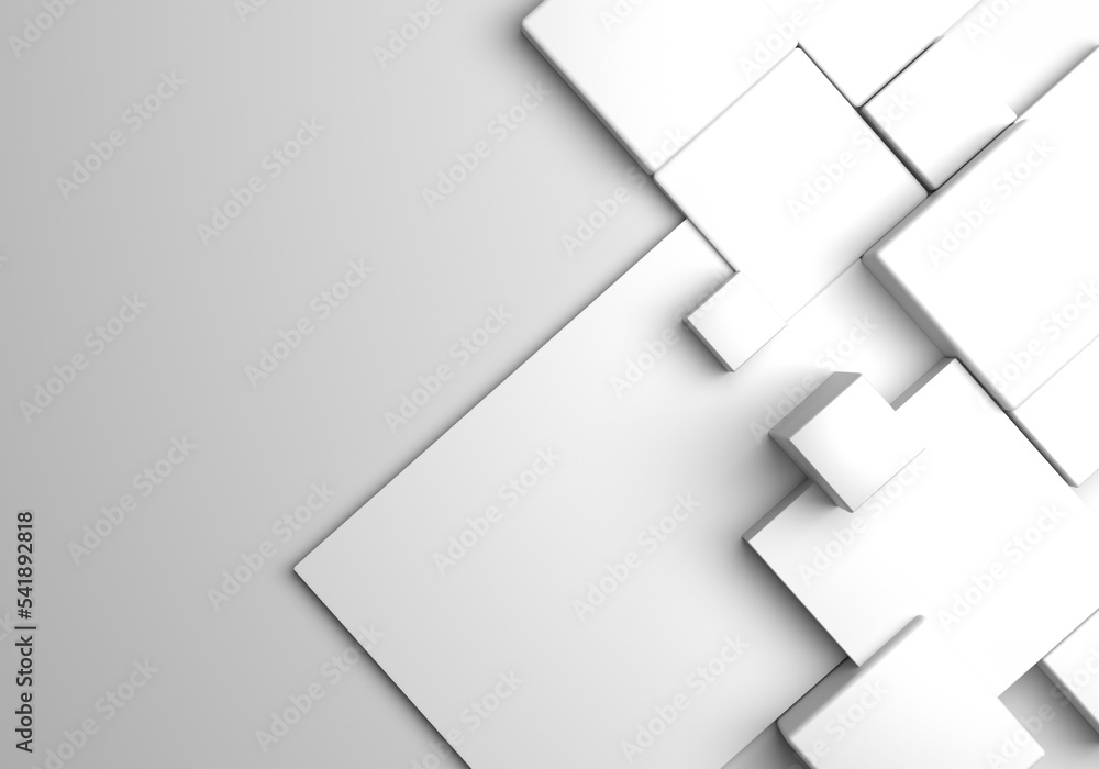 Poster 3d render. diagonal composition of white cubes of different sizes on a white background