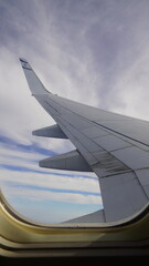Fototapeta premium Wing of an airplane, passenger s view. Looking through the window of a plane on its shining wing