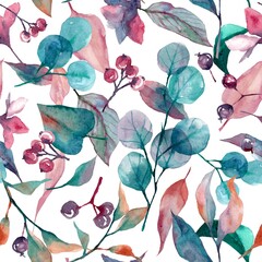 watercolor seamless botanical pattern. beautiful elegant autumn leaves and flowers 