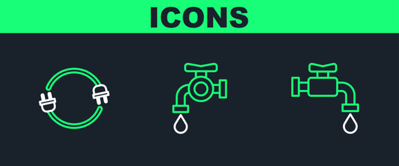 Set line Water tap, Electric plug and icon. Vector