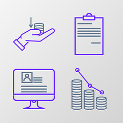 Set line Pie chart infographic and coin, Computer monitor with resume, Document and Money hand icon. Vector