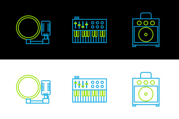 Obraz premium Set line Guitar amplifier, Microphone and Music synthesizer icon. Vector