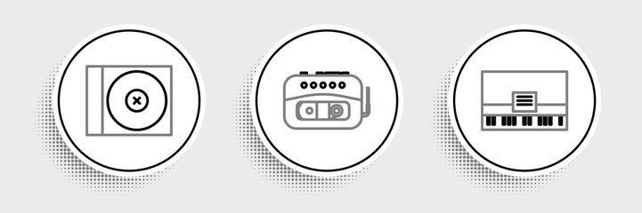 Set line Piano, CD or DVD disk and Music tape player icon. Vector - obrazy, fototapety, plakaty