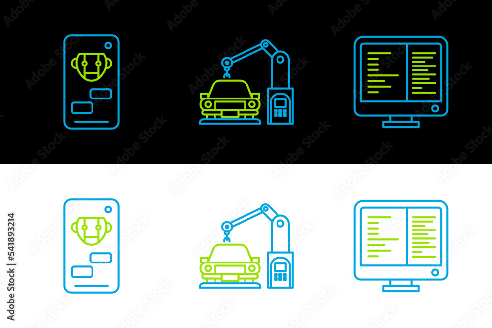 Poster set line computer monitor screen, bot and industrial machine robotic robot arm hand icon. vector