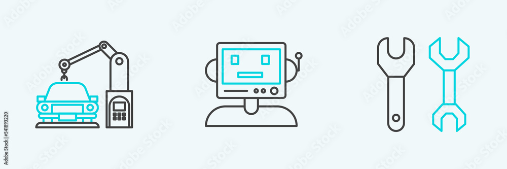 Poster set line spanner, industrial machine robotic robot arm hand and robot icon. vector