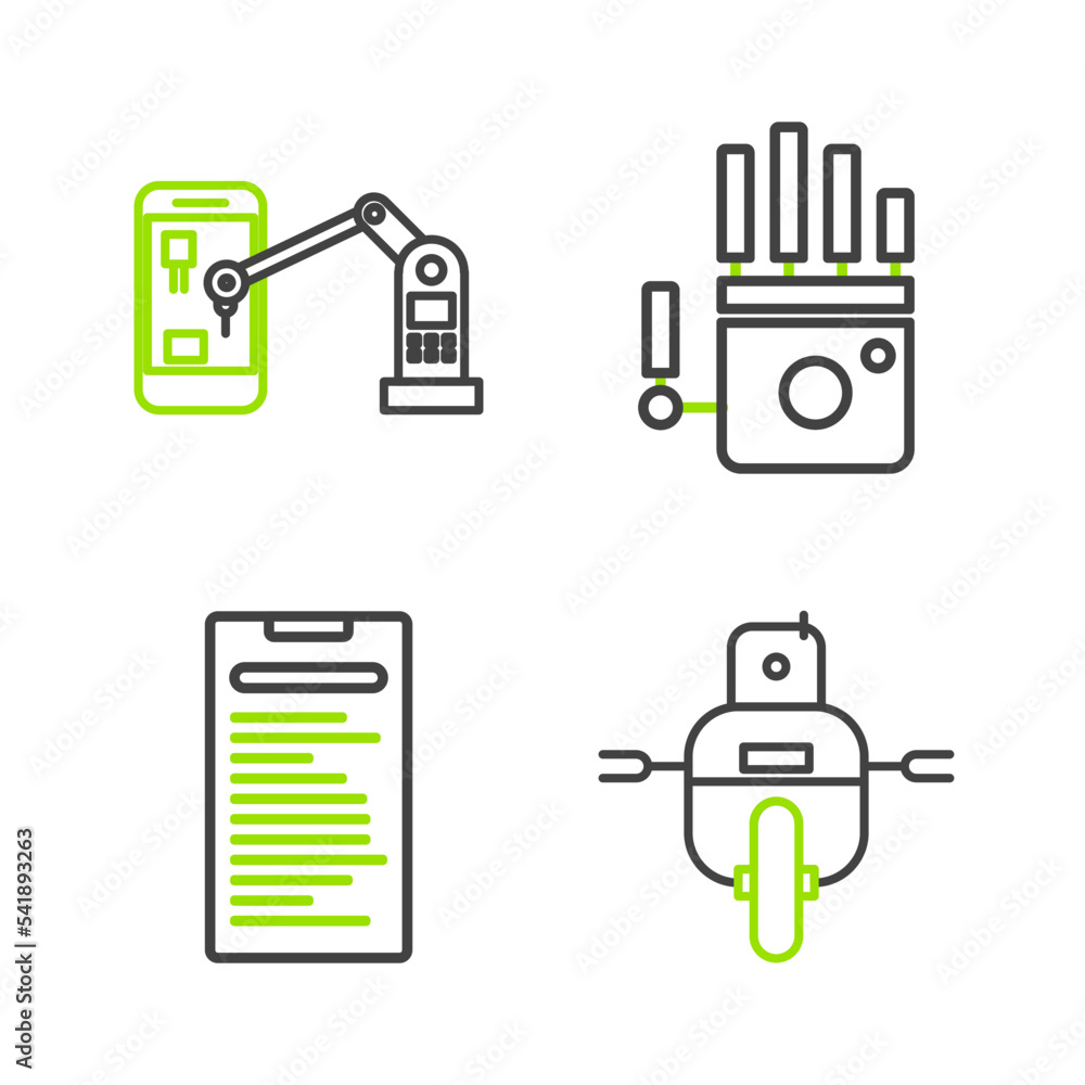 Poster set line robot, computer api interface, mechanical robot hand and industrial machine robotic arm ico