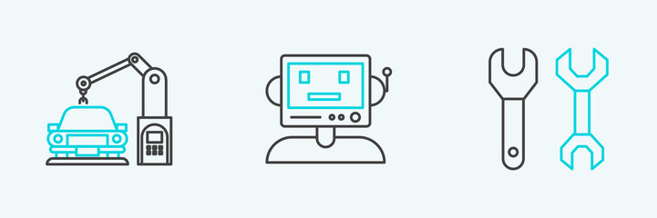 Set line Spanner, Industrial machine robotic robot arm hand and Robot icon. Vector